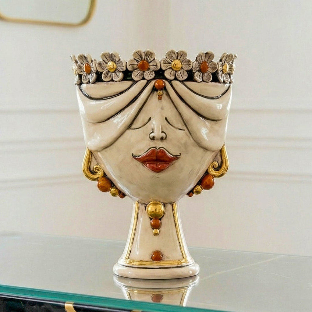Zahira head with Flowers, Woman, antique mother of pearl gold and lustre, pure gold. Sicilian ceramics from Caltagirone, Sofia