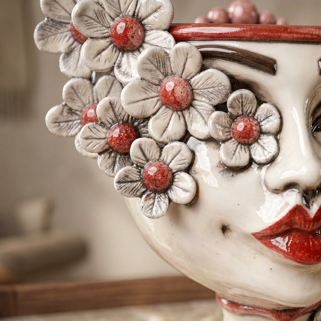 Testa di Moro mit Blumen, Frau, Perlmutt, Gesicht, Lippen. Ceramiche Sofia, Caltagirone