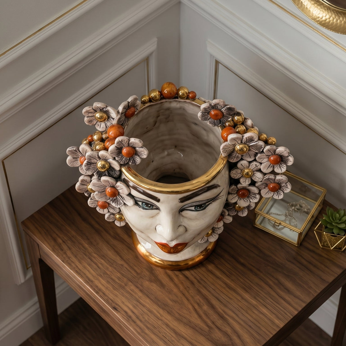 Testa di Moro with Flowers, Woman, Antique Mother of Pearl Gold and Lustre, face, lips. Ceramiche Sofia, Caltagirone