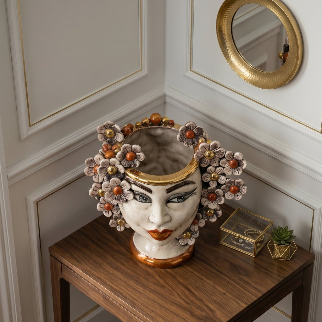 Testa di Moro with Flowers, Woman, Antique Mother of Pearl Gold and Lustre, face, lips. Ceramiche Sofia, Caltagirone