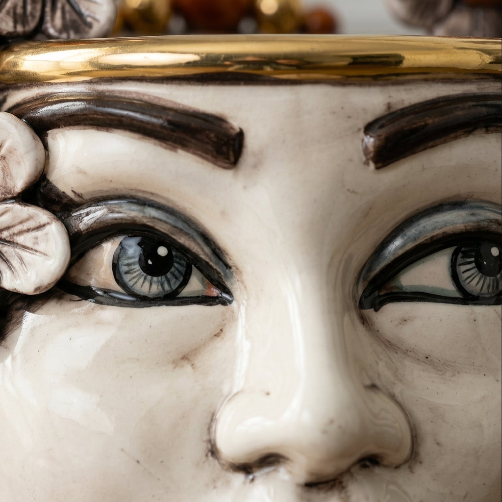 Testa di Moro with Flowers, Woman, Antique Mother of Pearl Gold and Lustre, face, lips. Ceramiche Sofia, Caltagirone