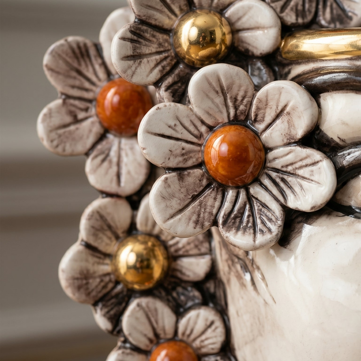 Testa di Moro with Flowers, Woman, Antique Mother of Pearl Gold and Lustre, face, lips. Ceramiche Sofia, Caltagirone