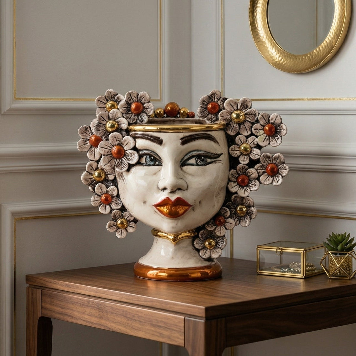 Testa di Moro with Flowers, Woman, Antique Mother of Pearl Gold and Lustre, face, lips. Ceramiche Sofia, Caltagirone