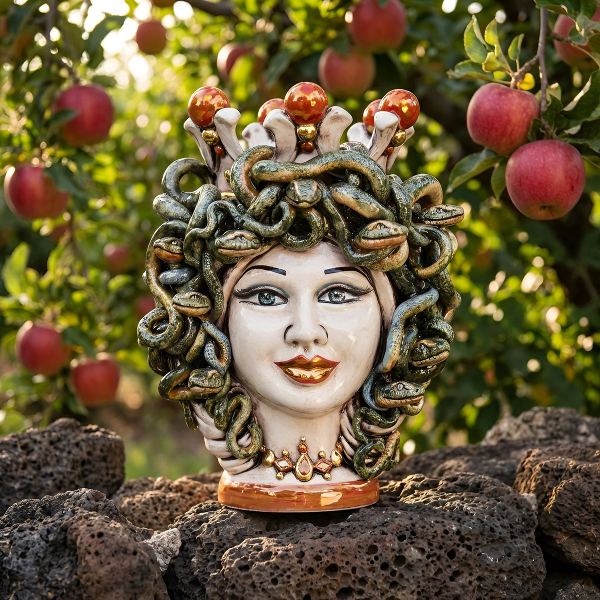 Kopf Medusa, antikes Perlmutt, Schlangenhaar. Ceramiche Sofia, Caltagirone