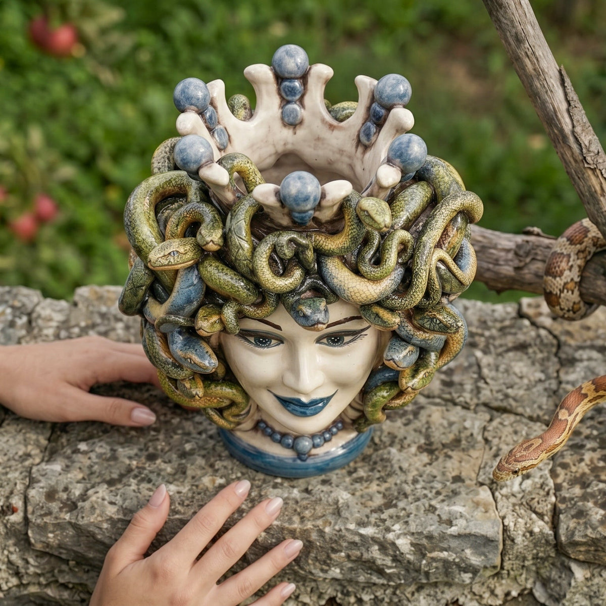 Kopf Medusa mit blauen Perlen, Schlangenhaar. Sizilianische Keramik aus Caltagirone, Sofia