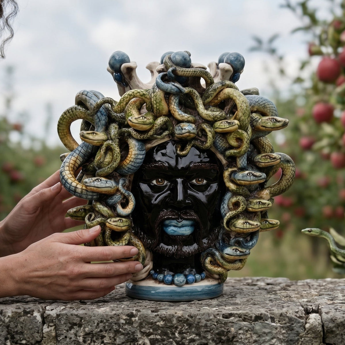 Medusa head with blue beads, hair of snakes. Sicilian ceramics from Caltagirone, Sofia