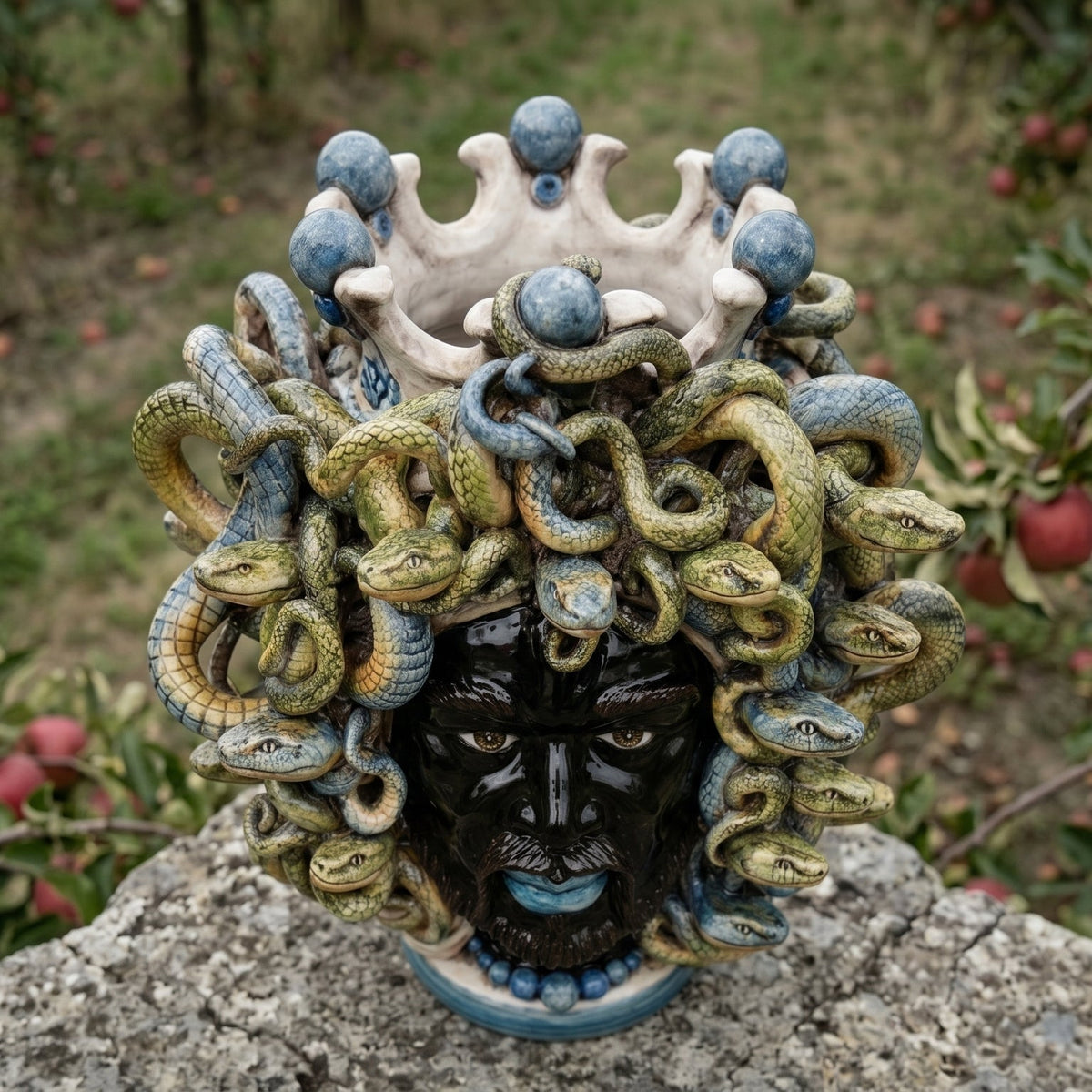 Kopf Medusa mit blauen Perlen, Schlangenhaar. Sizilianische Keramik aus Caltagirone, Sofia