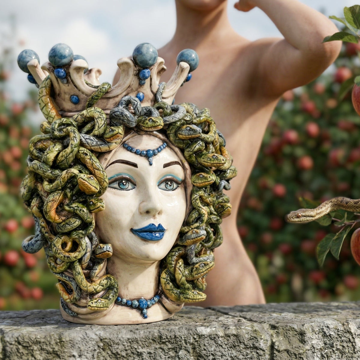 Medusa-Kopf, antikes Perlmutt, blaue Perlen, Schlangenhaar. Sizilianische Keramik aus Caltagirone, Sofia