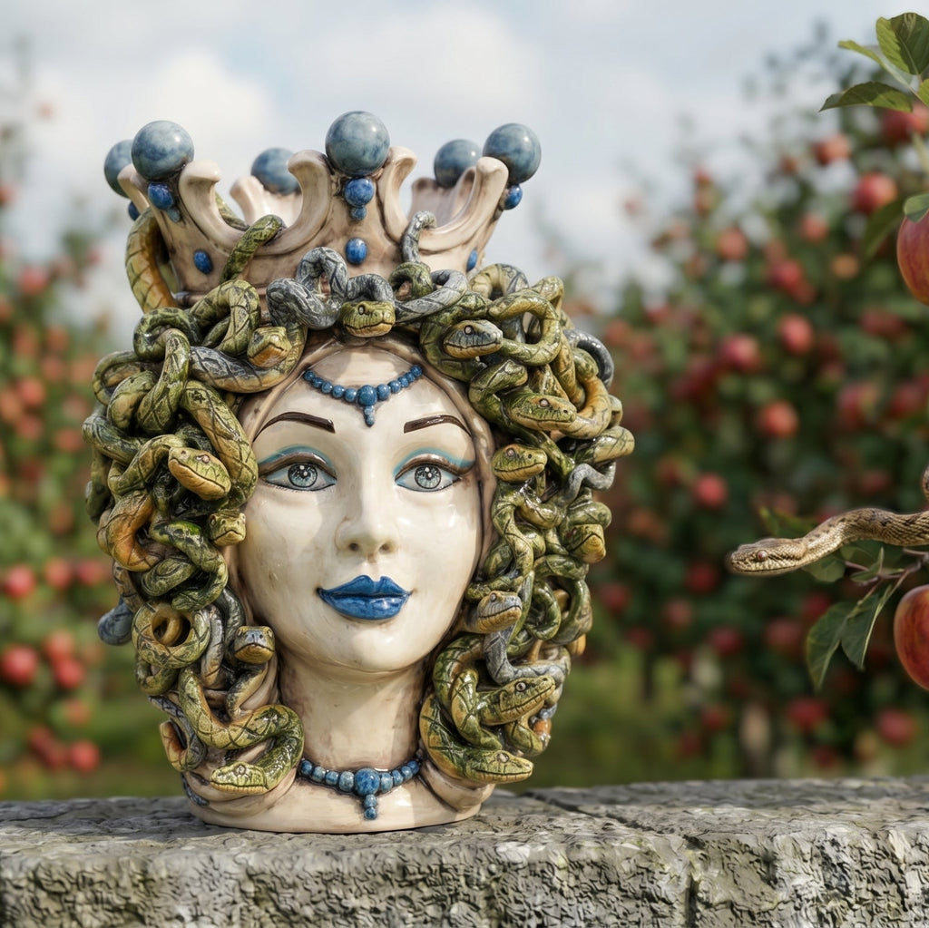 Medusa head, antique mother of pearl, blue beads, hair of snakes. Sicilian ceramics from Caltagirone, Sofia