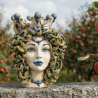 Medusa head, antique mother of pearl, blue beads, hair of snakes. Sicilian ceramics from Caltagirone, Sofia