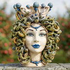 Medusa head, antique mother of pearl, blue beads, hair of snakes. Sicilian ceramics from Caltagirone, Sofia