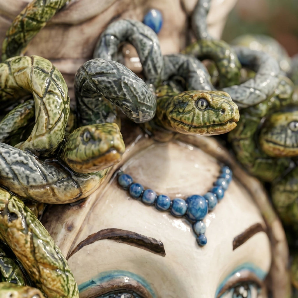 Medusa head, antique mother of pearl, blue beads, hair of snakes. Sicilian ceramics from Caltagirone, Sofia