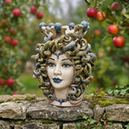Medusa head, antique mother of pearl, blue beads, hair of snakes. Sicilian ceramics from Caltagirone, Sofia