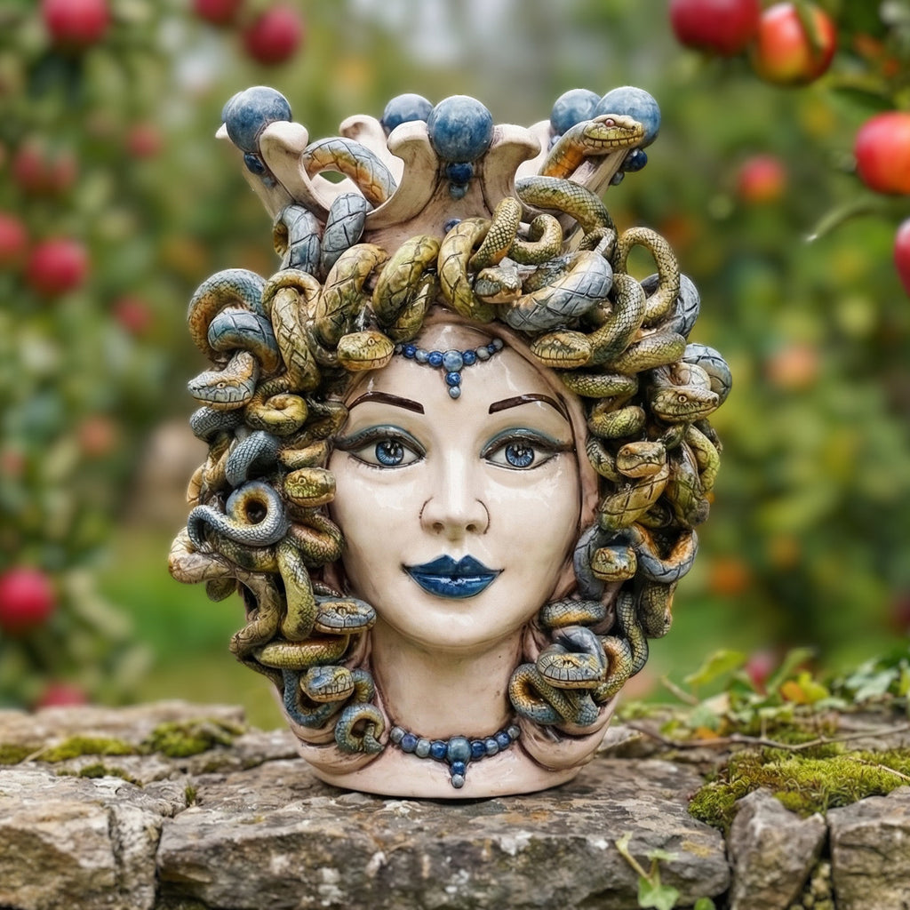 Medusa head, antique mother of pearl, blue beads, hair of snakes. Sicilian ceramics from Caltagirone, Sofia