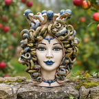 Medusa head, antique mother of pearl, blue beads, hair of snakes. Sicilian ceramics from Caltagirone, Sofia