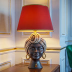Sognia Testa di Moro Lampe H 63 cm (Keramik H 40 cm, Stoffschirm Ø 40 cm), Antikes Perlmutt Gold und Lüster, Mattes Gesicht