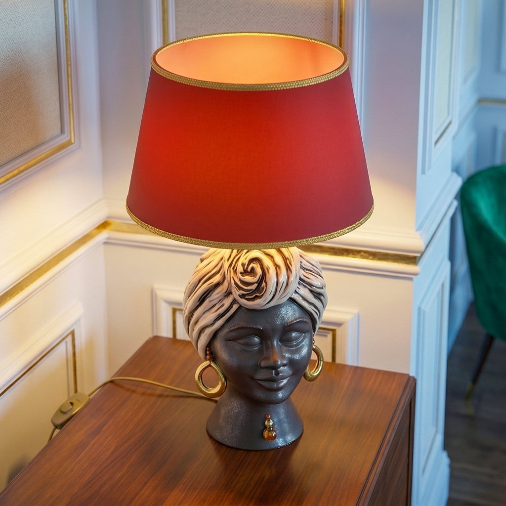 Sognia Testa di Moro Lampe H 63 cm (Keramik H 40 cm, Stoffschirm Ø 40 cm), Antikes Perlmutt Gold und Lüster, Mattes Gesicht