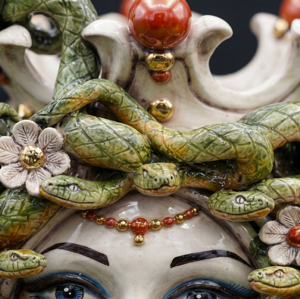 Testa di Moro Medusa with Flowers h 38 cm / 15", Antique Mother of Pearl Gold and Lustre | Caltagirone Ceramics
