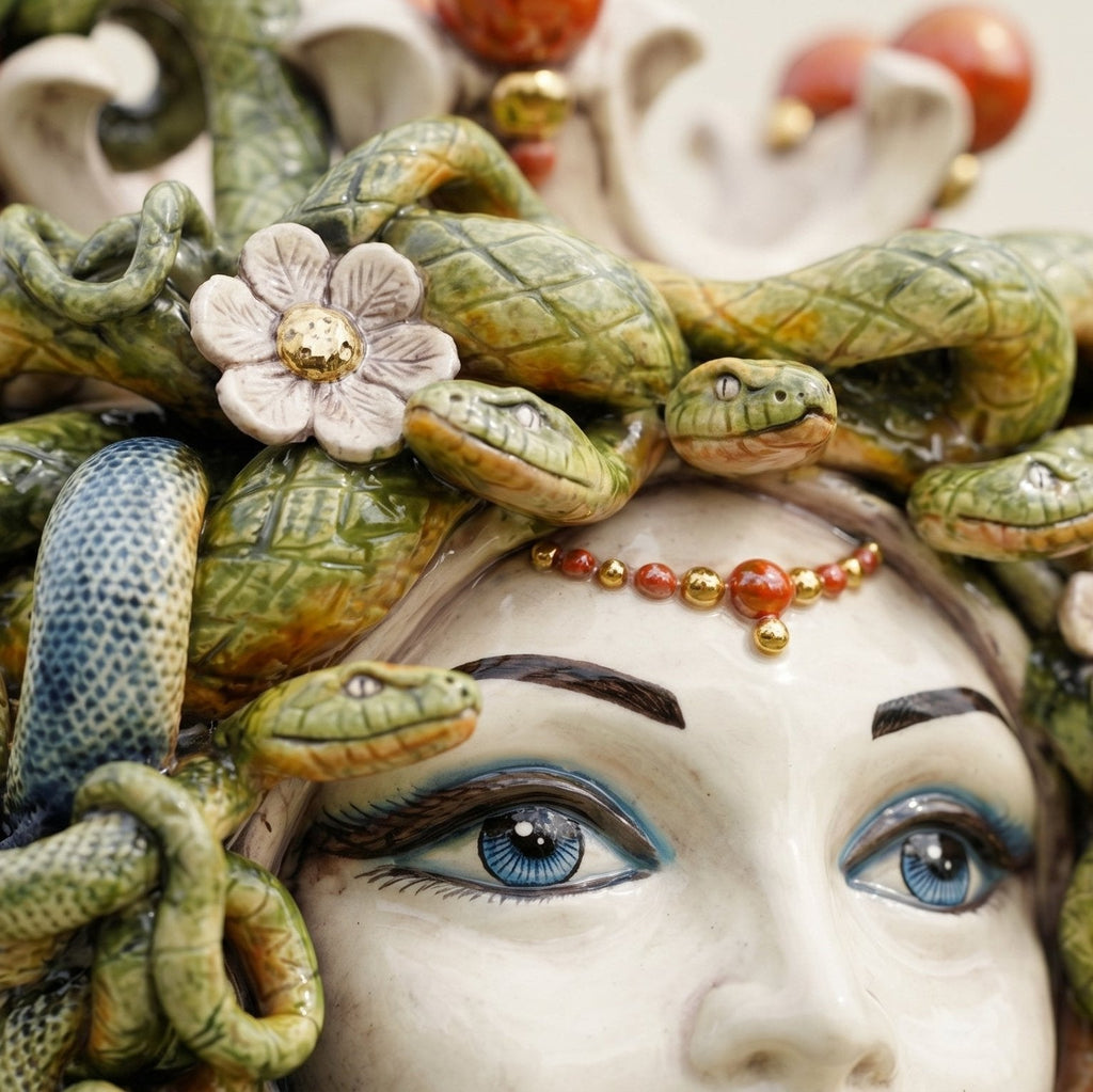 Testa di Moro Medusa with Flowers h 38 cm / 15", Antique Mother of Pearl Gold and Lustre | Caltagirone Ceramics