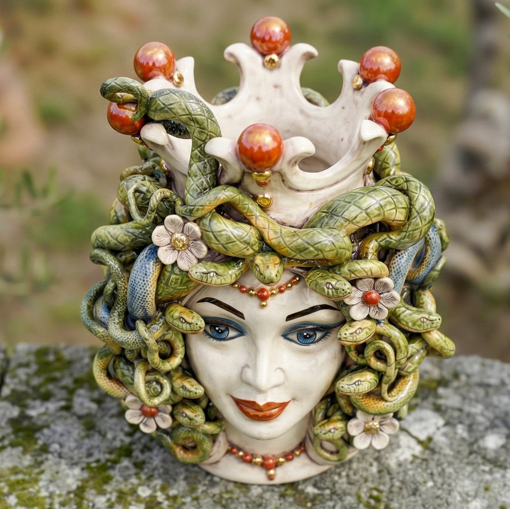Testa di Moro Medusa with Flowers h 38 cm / 15", Antique Mother of Pearl Gold and Lustre | Caltagirone Ceramics
