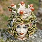 Testa di Moro Medusa with Flowers h 38 cm / 15", Antique Mother of Pearl Gold and Lustre | Caltagirone Ceramics