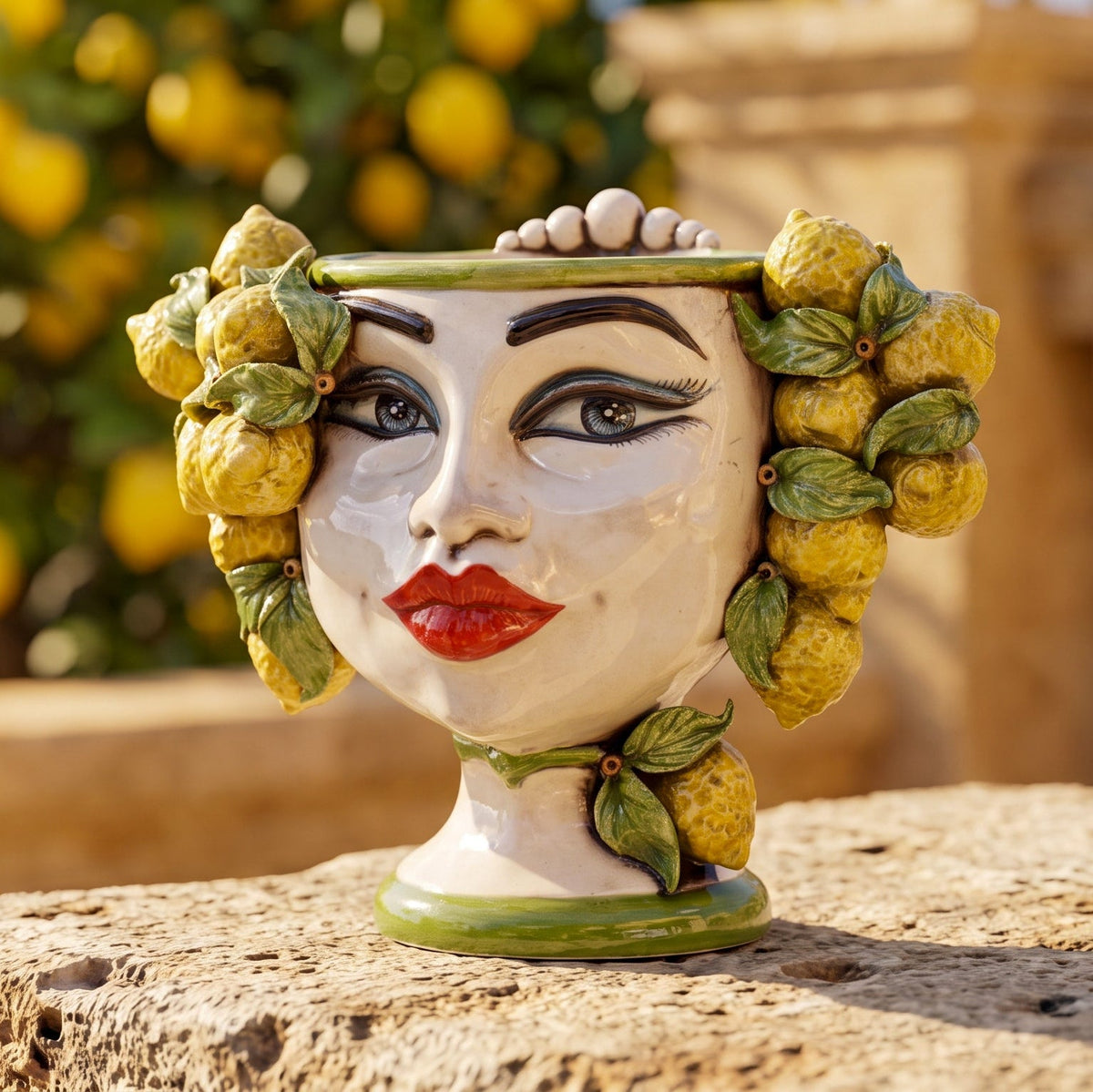 20 cm female Testa di Moro with Sicilian lemons at the sides and red lips, coloured mother of pearl, on stone