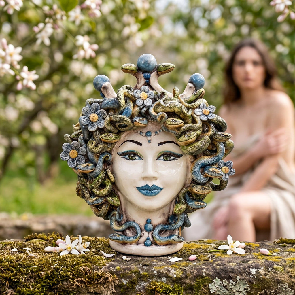 Medusa head with flowers in coloured mother of pearl on a wall, with a blurred woman behind