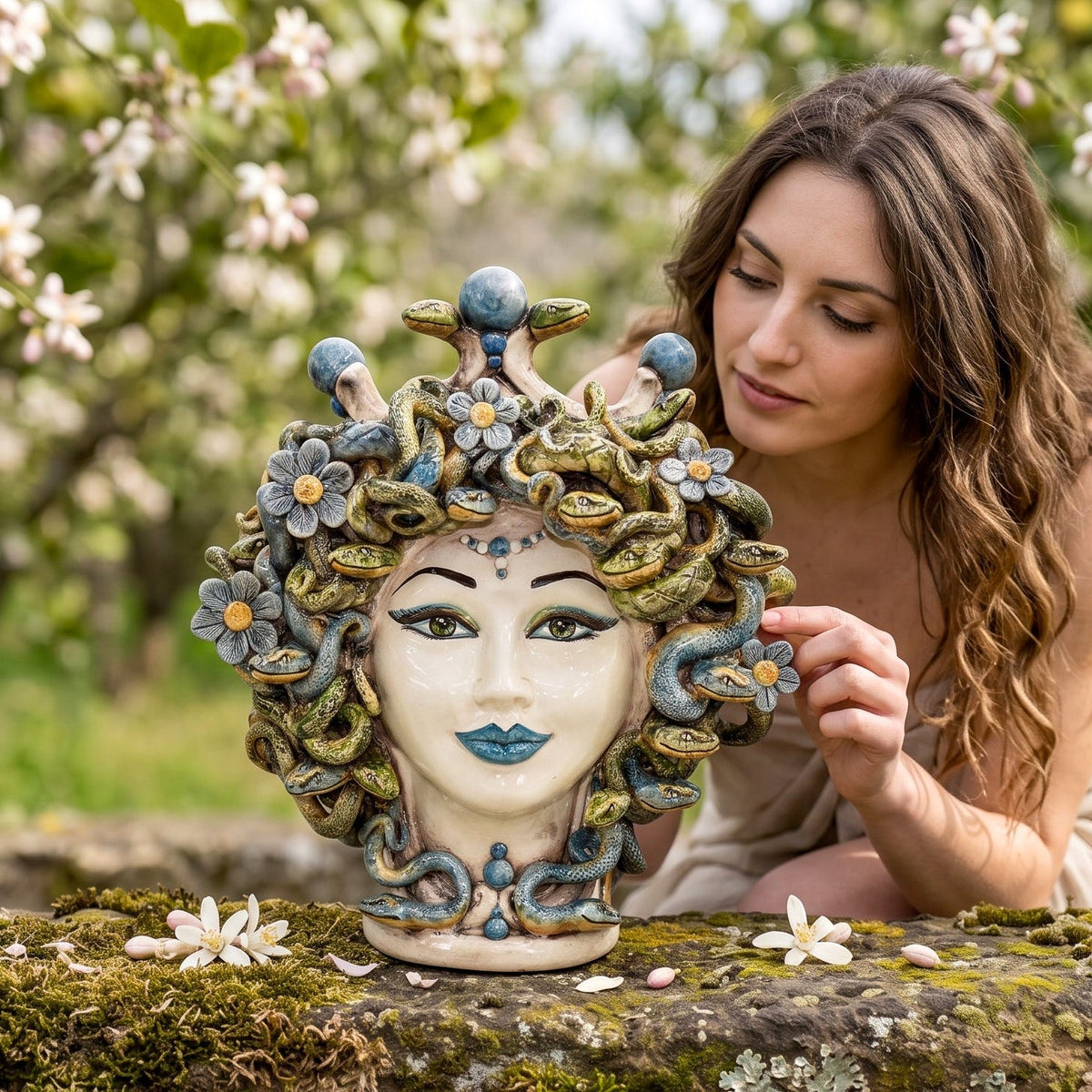 Woman touching the snakes of the Medusa head with flowers, outdoors among peach blossoms