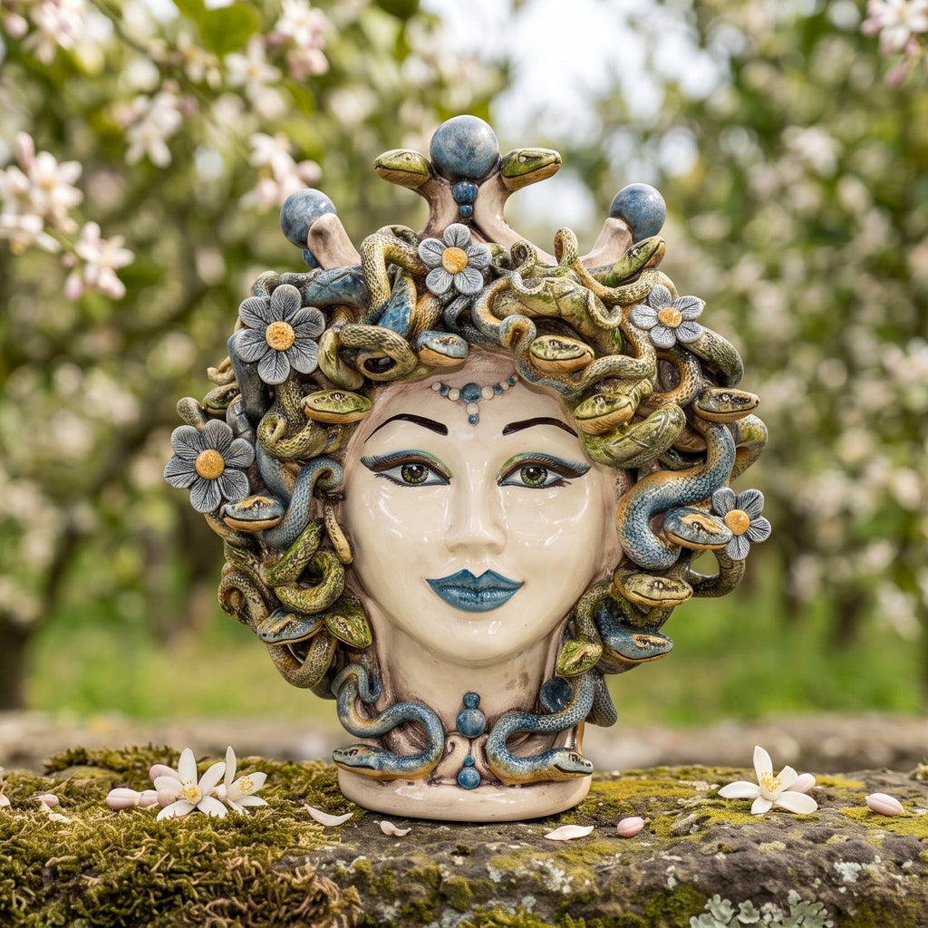 30 cm Medusa head with flowers among the snakes and blue lips, coloured mother of pearl, among blossoming trees