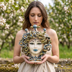 Woman holding the Medusa head with flowers in coloured mother of pearl and blue, in a blossoming orchard