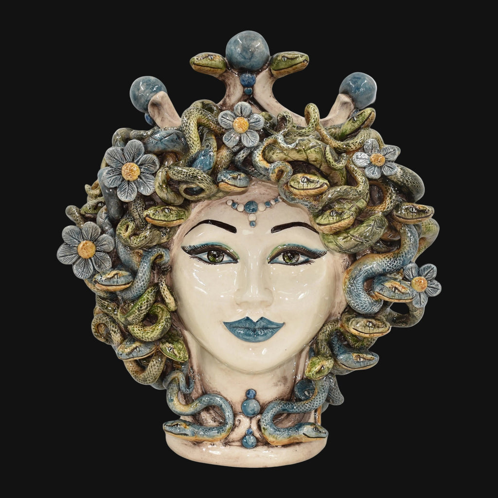 30 cm Medusa head with flowers, coloured mother of pearl and blue, front view on black