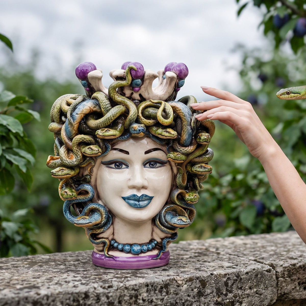Medusa Head, with Wisteria Beads, hair of snakes. Sicilian ceramics from Caltagirone, Sofia