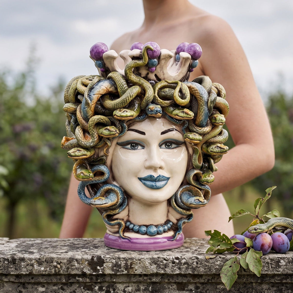 Medusa Head, with Wisteria Beads, hair of snakes. Sicilian ceramics from Caltagirone, Sofia