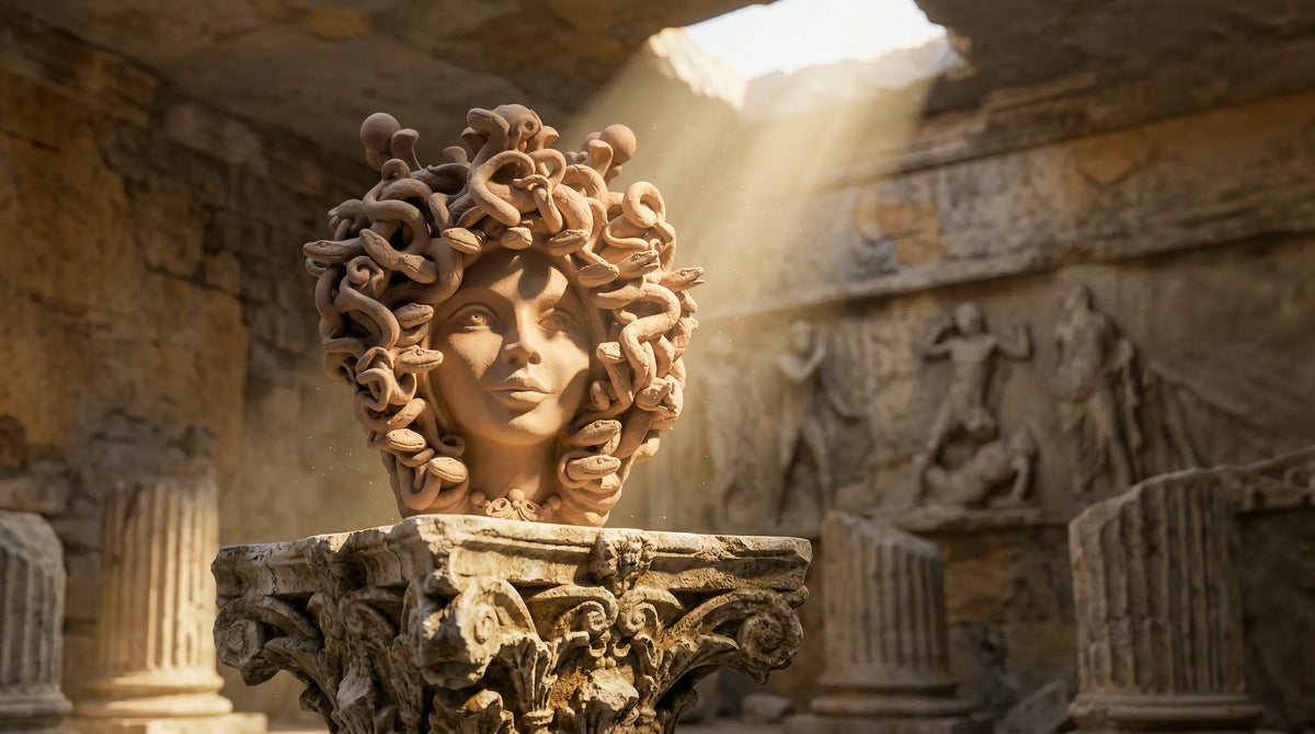 38 cm terracotta Medusa head on a capital, in an ancient temple lit by the sun
