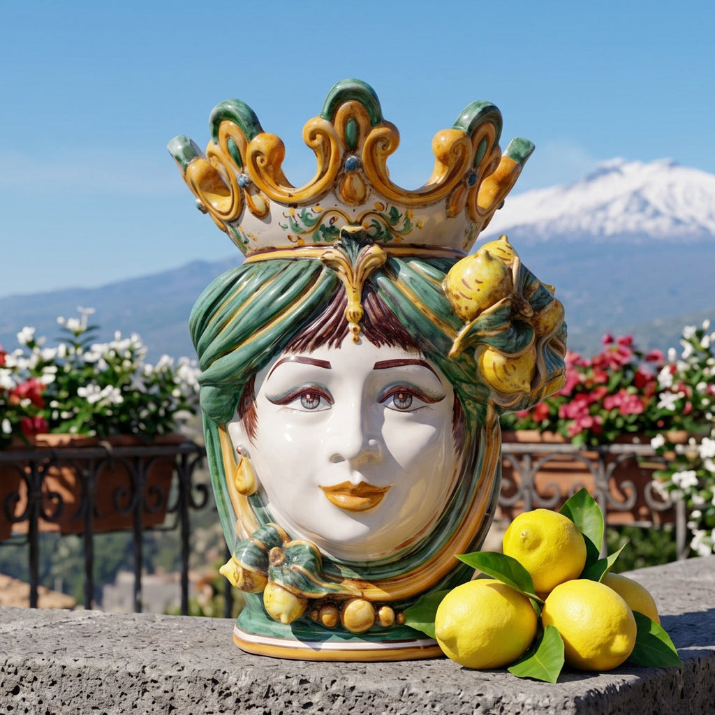 Testa di Moro with lemons, woman, green and orange. Sicilian ceramics from Caltagirone, Sofia
