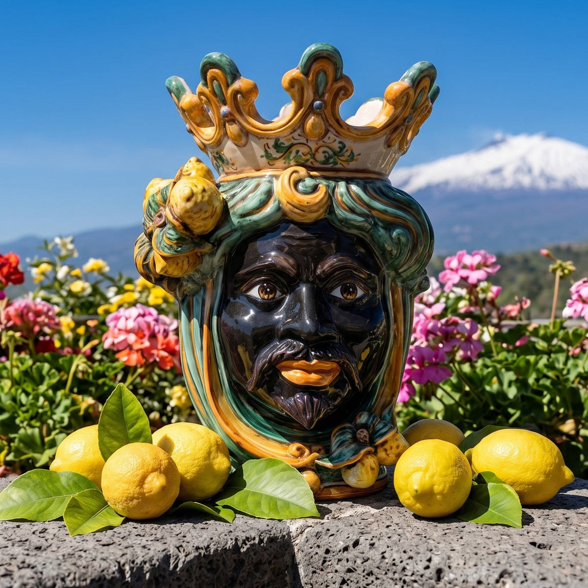 Testa di Moro with Lemons, Moor Male, green and orange. Ceramiche Sofia, Caltagirone