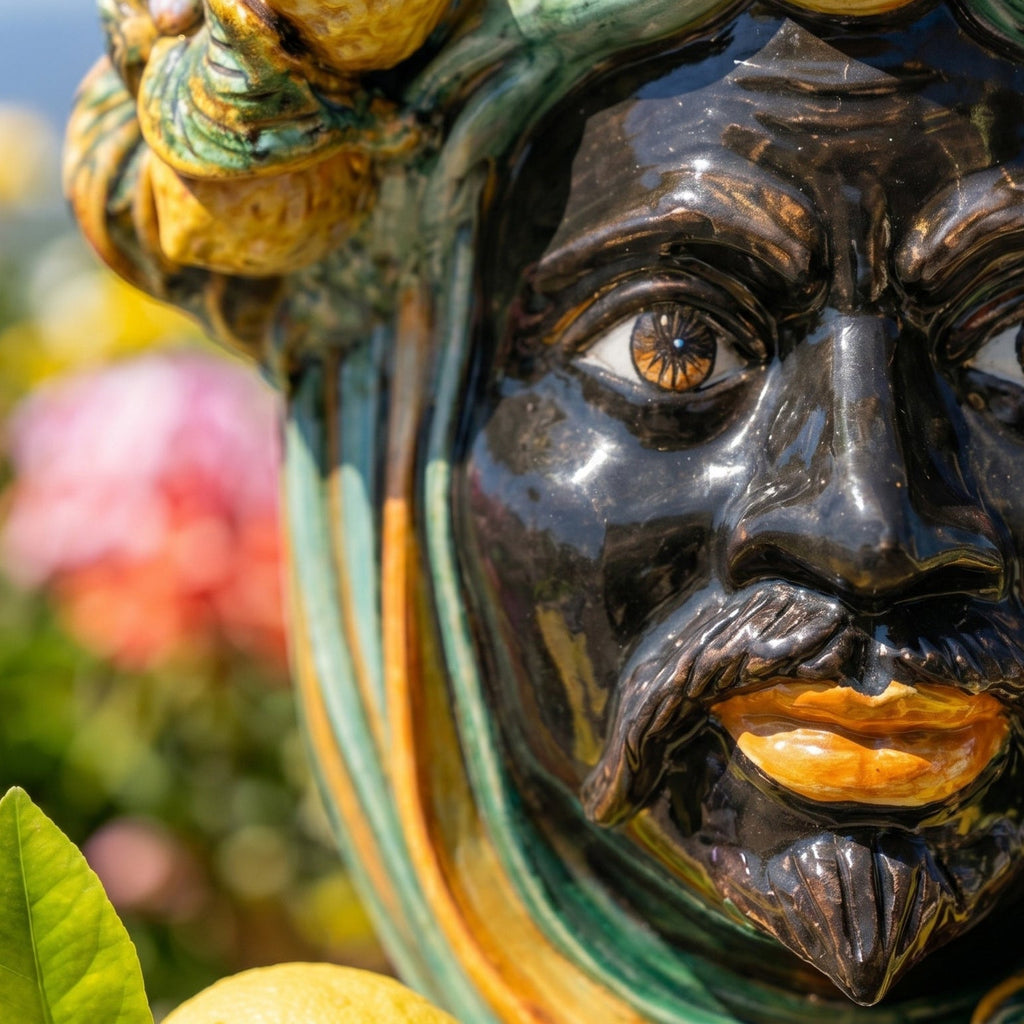 Testa di Moro with Lemons, Moor Male, green and orange. Ceramiche Sofia, Caltagirone
