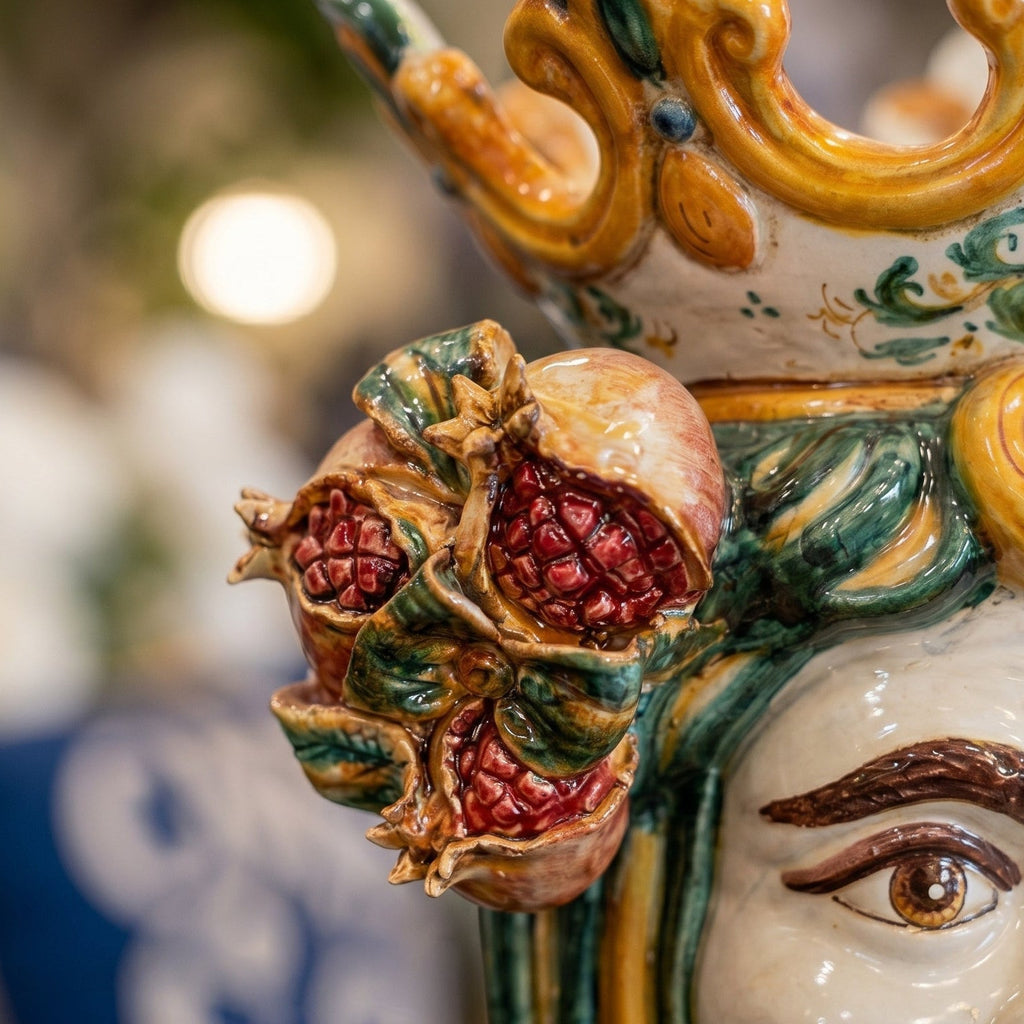 Testa di Moro with Pomegranates, white male, green and orange. Sicilian ceramics from Caltagirone, Sofia