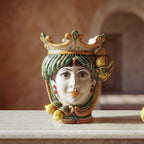 Testa di Moro with Lemons, Woman, green and orange, crown. Ceramiche Sofia, Caltagirone