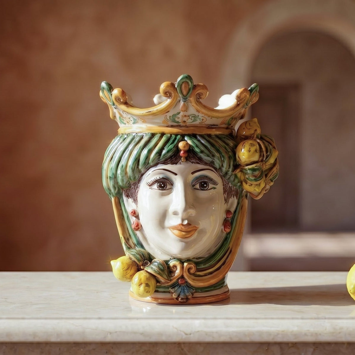 Testa di Moro with Lemons, Woman, green and orange, crown. Ceramiche Sofia, Caltagirone