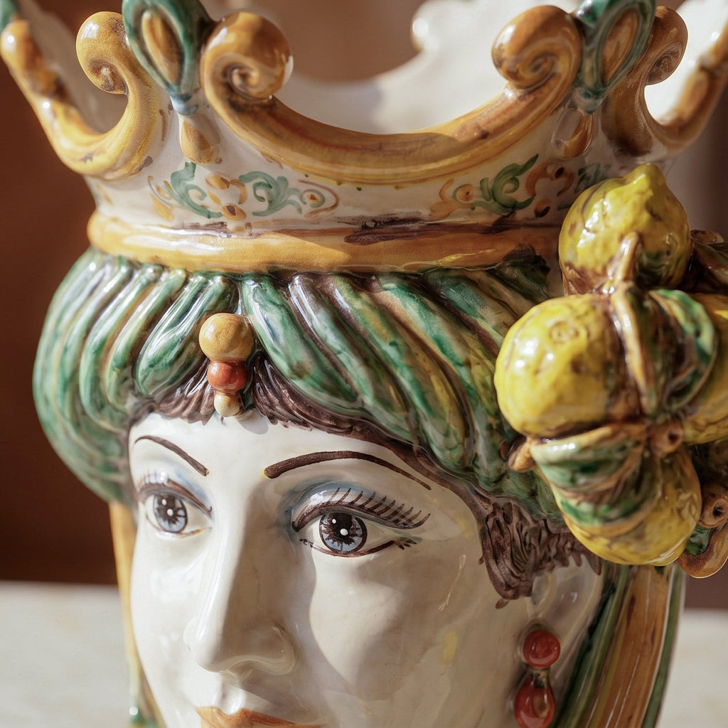 Testa di Moro with Lemons, Woman, green and orange, crown. Ceramiche Sofia, Caltagirone