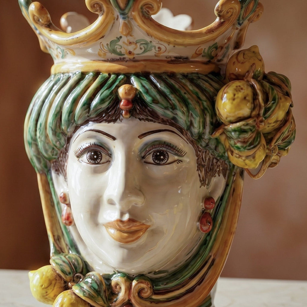 Testa di Moro with Lemons, Woman, green and orange, crown. Ceramiche Sofia, Caltagirone