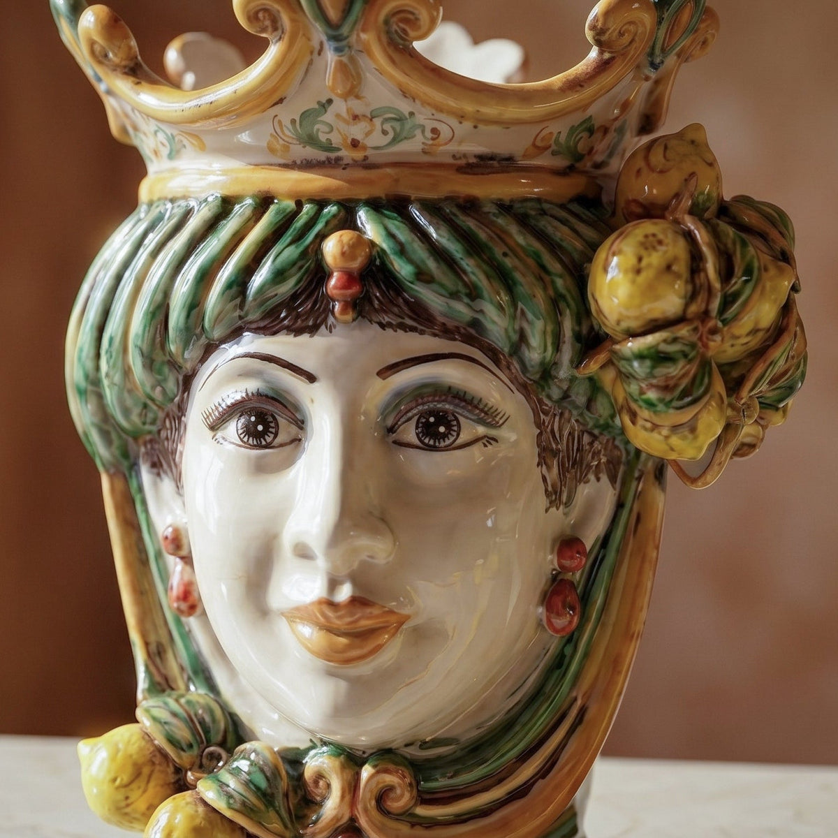 Testa di Moro with Lemons, Woman, green and orange, crown. Ceramiche Sofia, Caltagirone