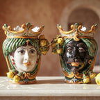 Testa di Moro with lemons, green and orange, crown. Ceramiche Sofia, Caltagirone