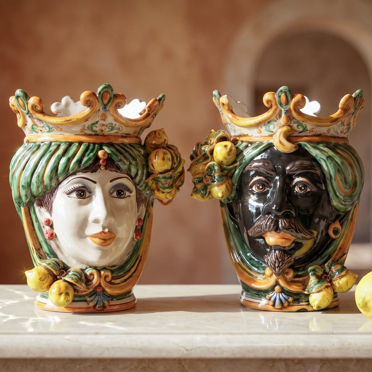 Testa di Moro with lemons, green and orange, crown. Ceramiche Sofia, Caltagirone