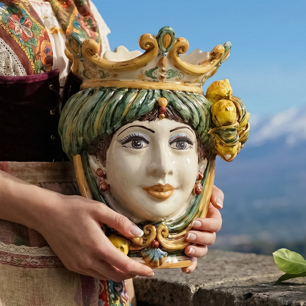 Testa di Moro with Lemons, Woman, green and orange, crown. Ceramiche Sofia, Caltagirone