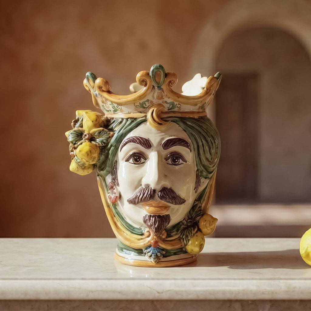 Testa di Moro with lemons, white male, green and orange, crown. Ceramiche Sofia, Caltagirone