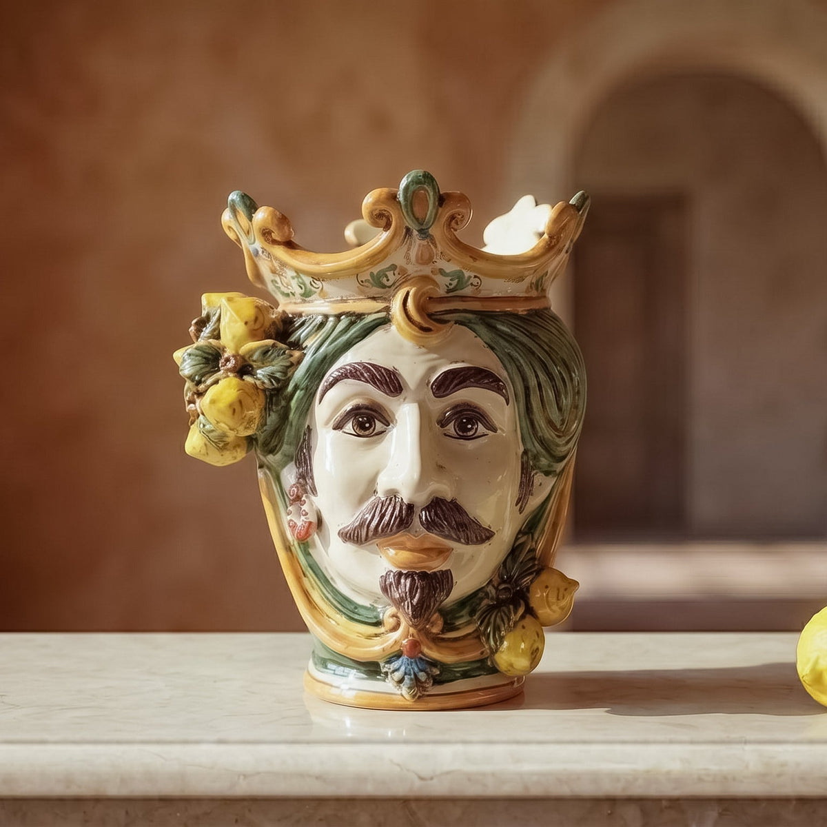 Testa di Moro with lemons, white male, green and orange, crown. Ceramiche Sofia, Caltagirone