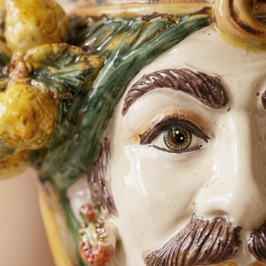 Testa di Moro with lemons, white male, green and orange, crown. Ceramiche Sofia, Caltagirone