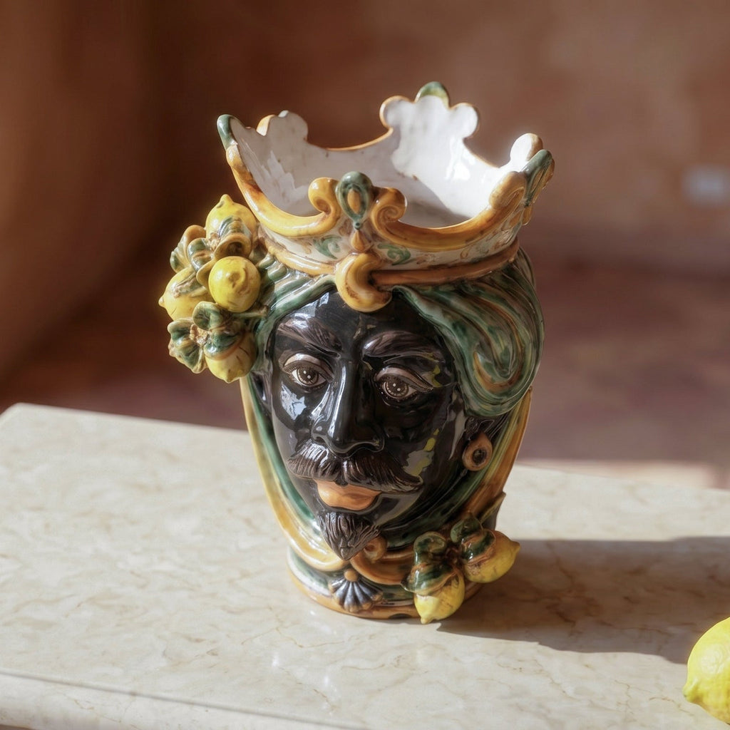 Testa di Moro with lemons, Moor male, green and orange, crown. Sicilian ceramics from Caltagirone, Sofia